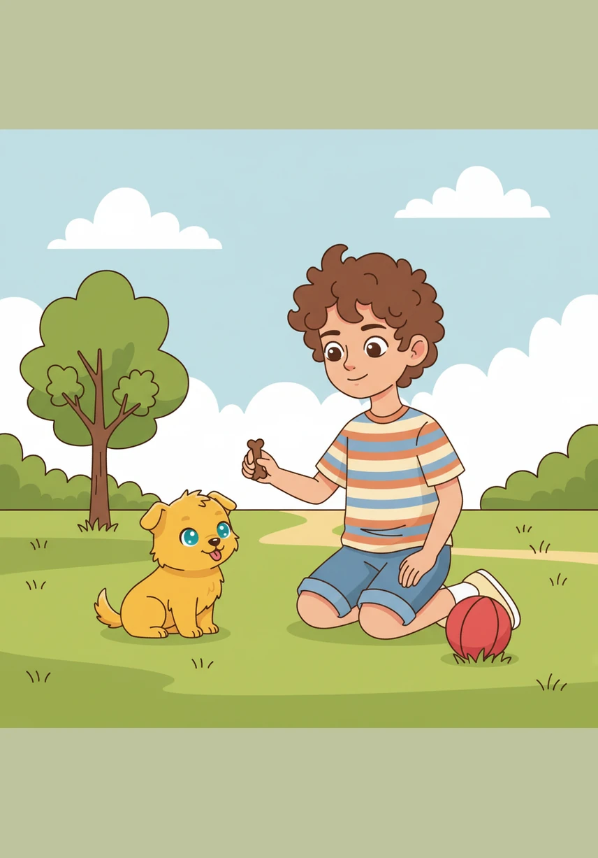 Con mucha paciencia, Mateo le enseña a Pelusa a sentarse y a dar la patita de forma educada. El perrito aprende muy rápido y recibe un gran abrazo de su mejor amigo como recompensa por su esfuerzo.