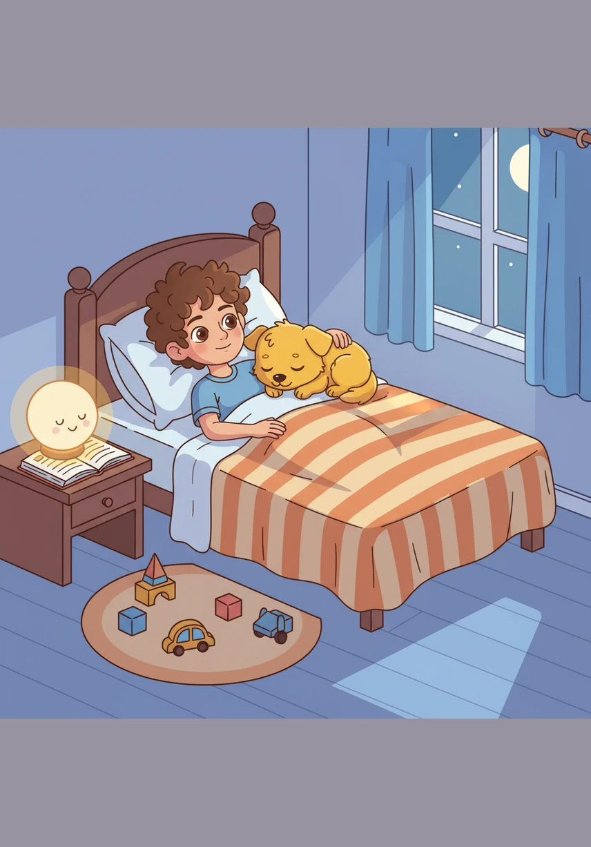 Al final del día, Mateo y Pelusa se acurrucan en la cama rodeados de mantas suaves y peluches. Los dos cierran los ojos y se quedan profundamente dormidos, soñando con las nuevas aventuras que vivirán mañana.