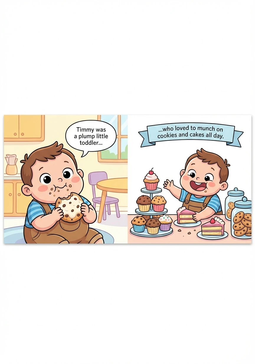 Timmy was a plump little toddler who loved to munch on cookies and cakes all day. His cheeks were round, and his tummy was even rounder!