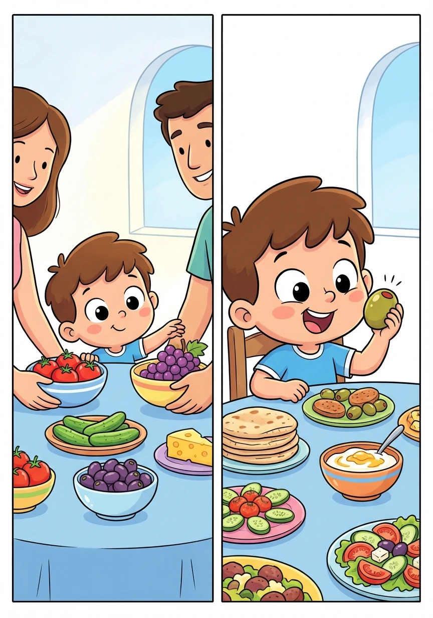 One sunny morning, Timmy's parents decided to introduce him to the colorful world of Greek food. They set a table full of vibrant fruits and vegetables.