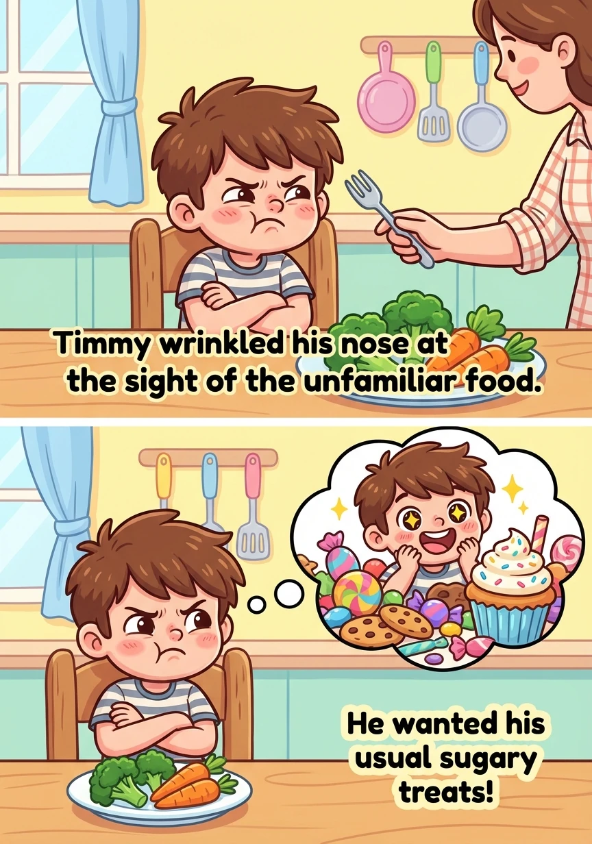 Timmy wrinkled his nose at the sight of the unfamiliar food. He wanted his usual sugary treats!