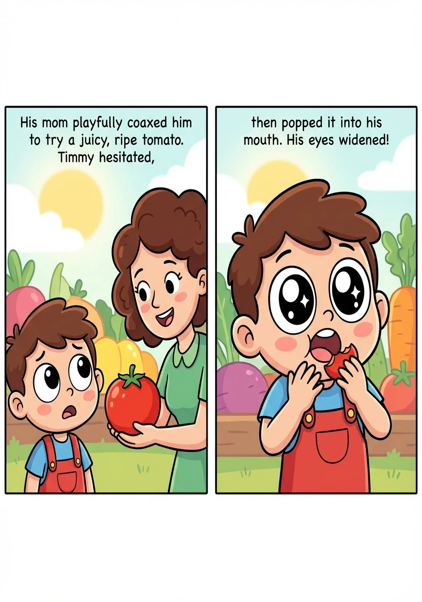 His mom playfully coaxed him to try a juicy, ripe tomato. Timmy hesitated, then popped it into his mouth. His eyes widened!