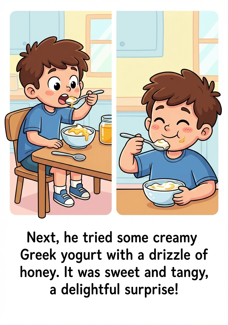 Next, he tried some creamy Greek yogurt with a drizzle of honey. It was sweet and tangy, a delightful surprise!