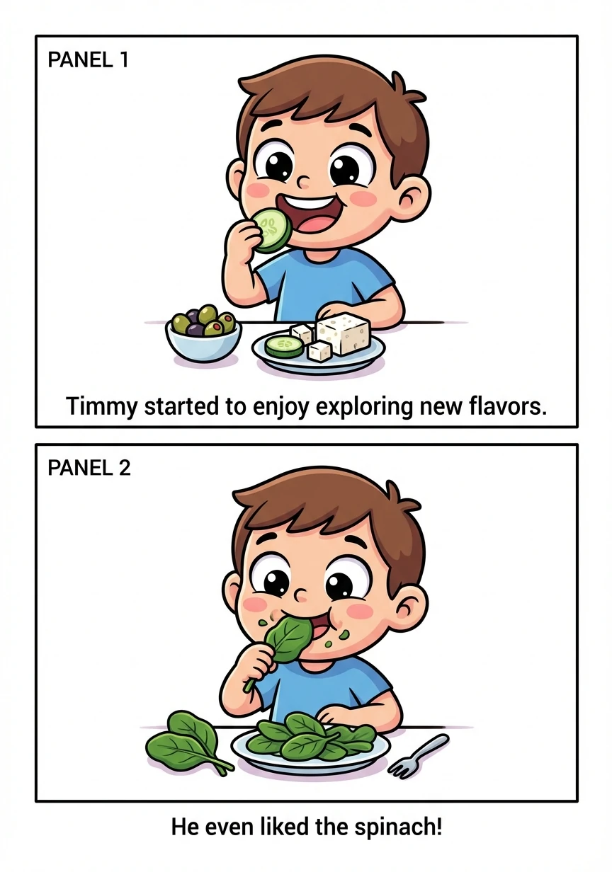 Timmy started to enjoy exploring new flavors. He munched on cucumbers, olives, and feta cheese. He even liked the spinach!