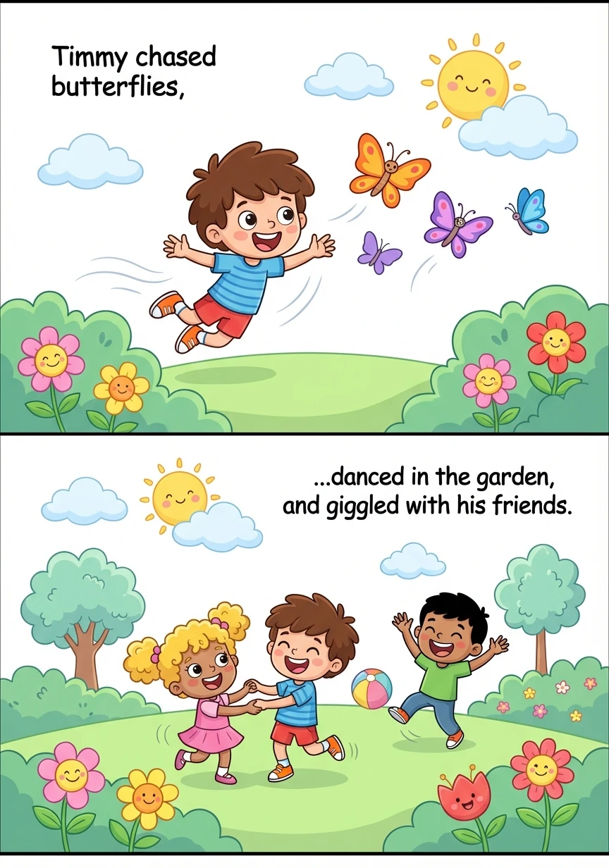 Along with trying new foods, Timmy started playing outside more. He chased butterflies, danced in the garden, and giggled with his friends.