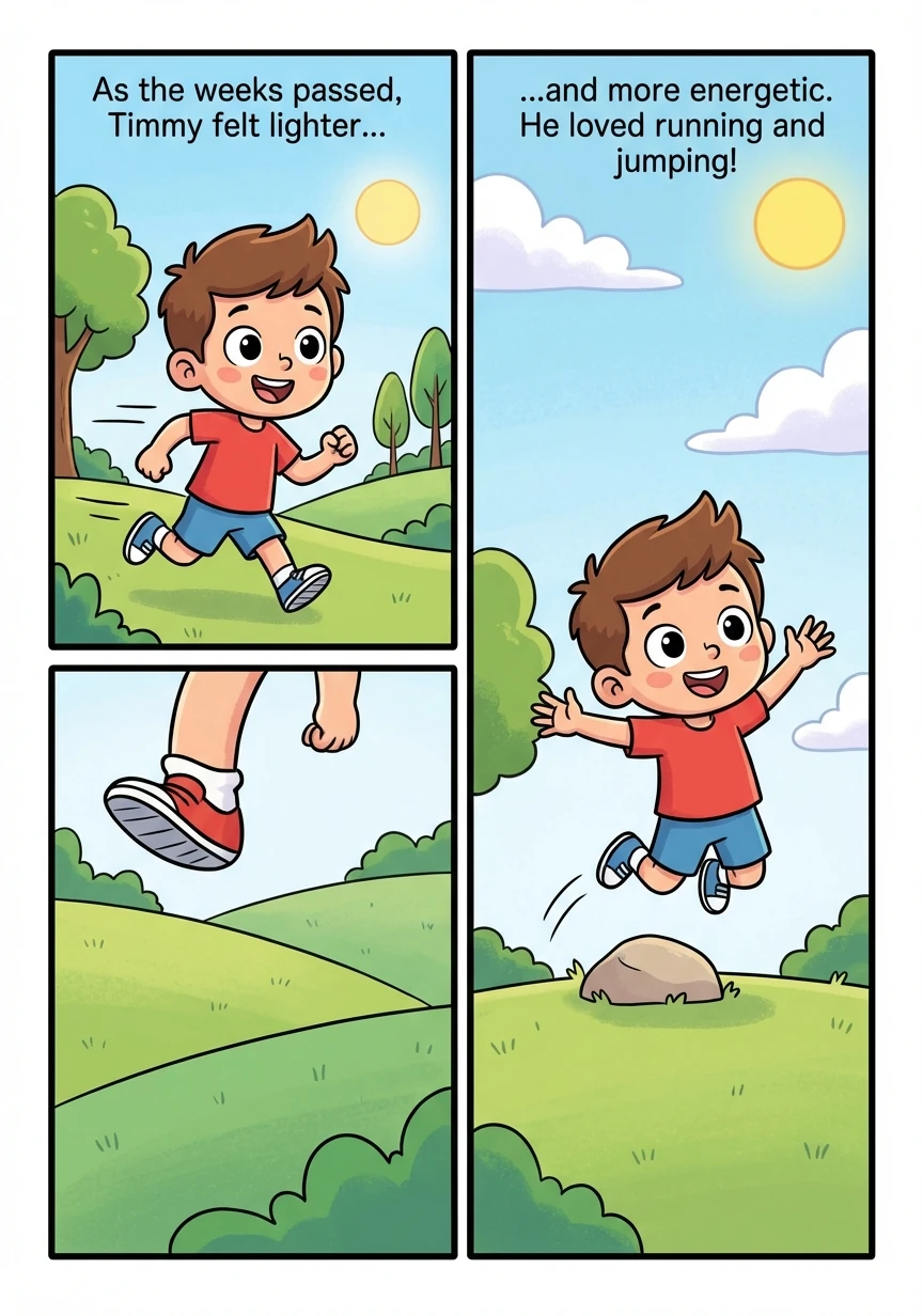 As the weeks passed, Timmy felt lighter and more energetic. He loved running and jumping!