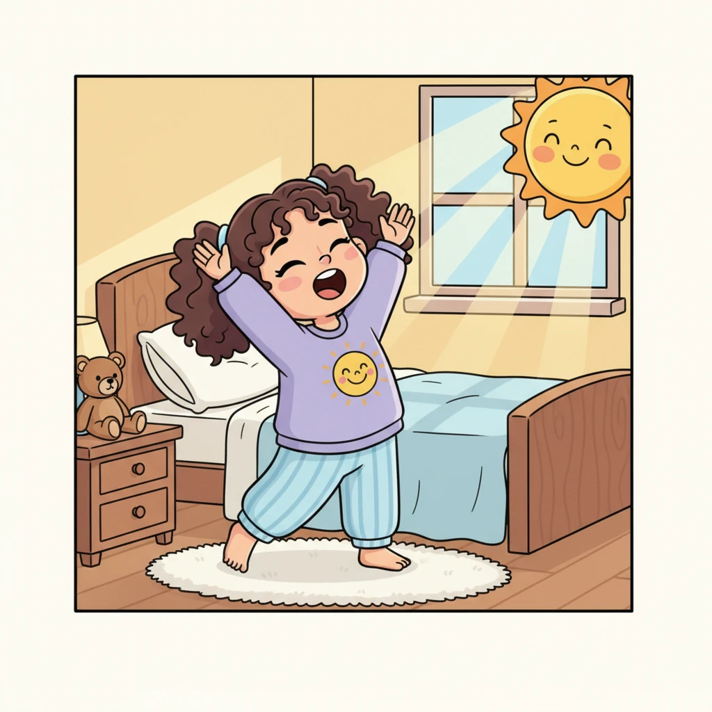 The sun, a big cheerful circle, peeked through Ava's window, tickling her nose. She stretched like a sleepy kitten, her arms reaching all the way to the ceiling with a happy yawn. Today was going to be a super day!