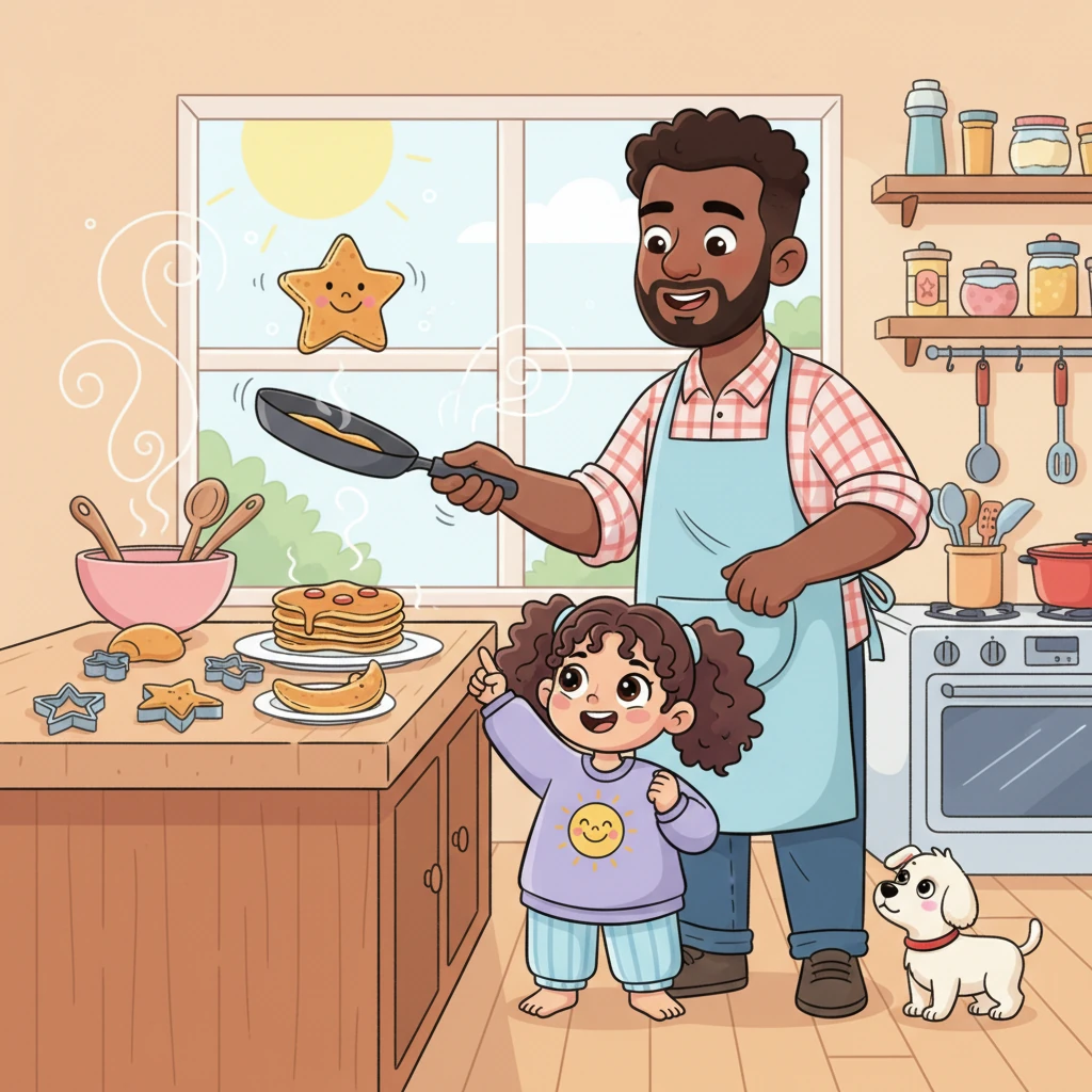 Downstairs, the kitchen smelled like yummy pancakes shaped like wobbly stars and moons. Ava giggled as her dad flipped a pancake high in the air, catching it perfectly on his plate. Breakfast with her family was the best start to any morning.