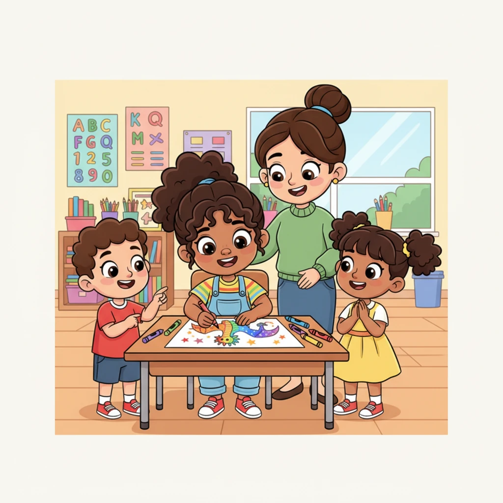 In class, Ava’s imagination soared as she drew a magnificent rainbow dragon with sparkly scales. Her teacher smiled at her vibrant artwork, and her friends clustered around, admiring the colorful creature. Learning was always an exciting journey of discovery.