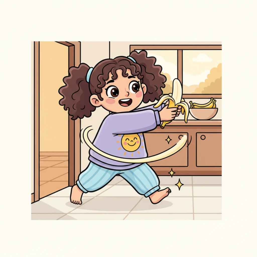 As soon as she burst through the door, Ava grabbed her favorite yellow banana, peeling it with a flourish. She pretended it was a magic wand, making silly wishes before taking a big, happy bite. Bananas always tasted extra special after school.