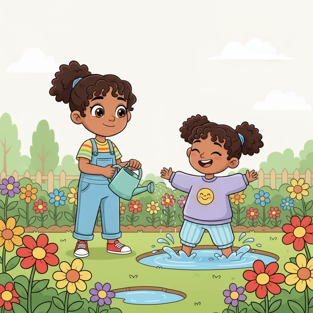 Outside, Ava carefully watered her little garden, where bright, cartoon flowers bloomed in every color imaginable. Her younger sister, Iza, splashed playfully in a puddle nearby, giggling as Ava playfully misted her with the watering can. They shared a joyful moment amongst the blooming petals.