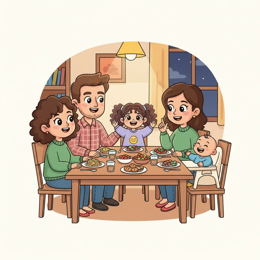 Later, the whole family gathered around the dinner table, sharing stories and delicious food. Ava told everyone about her rainbow dragon, making her mom and dad chuckle with her animated descriptions. Dinner was a warm, cozy time filled with love and laughter.