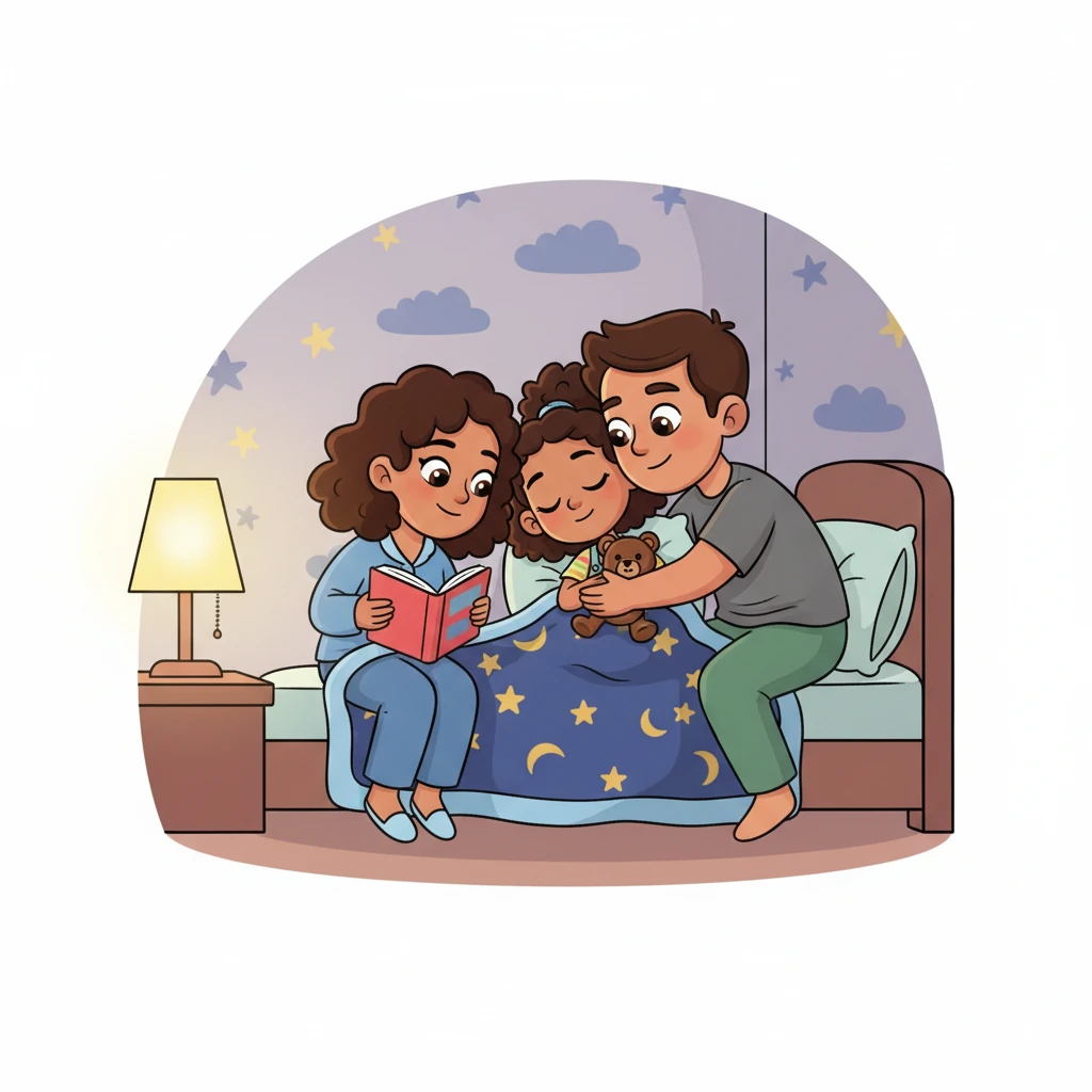 Finally, snuggled under her starry blanket, Ava listened as her mom read a story about a brave little bear. Her dad gave her a big, warm hug, whispering goodnight as the last words drifted into the quiet room. Ava closed her eyes, dreaming of tomorrow's adventures, safe and loved.