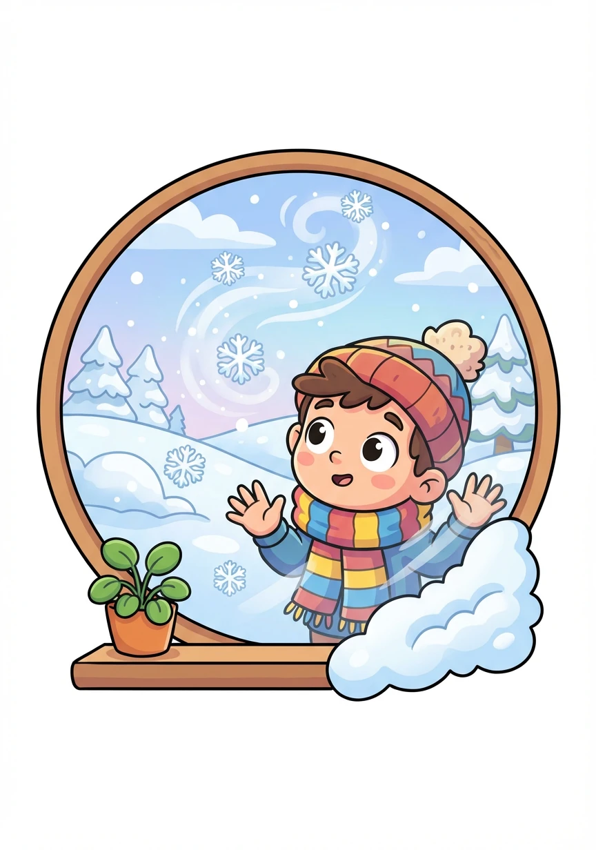 Francesco, avvolto in una sciarpa colorata, guarda fuori dalla finestra. Fiocchi di neve danzano nell'aria, trasformando il paesaggio in un mondo magico e bianco.