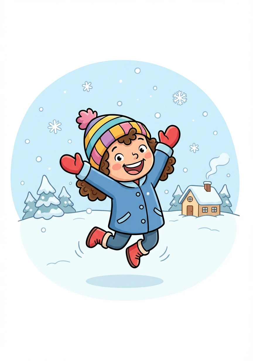 Clarissa, con i suoi riccioli che spuntano dal cappello di lana, salta di gioia. La neve è finalmente arrivata, e non vede l'ora di giocare all'aperto.