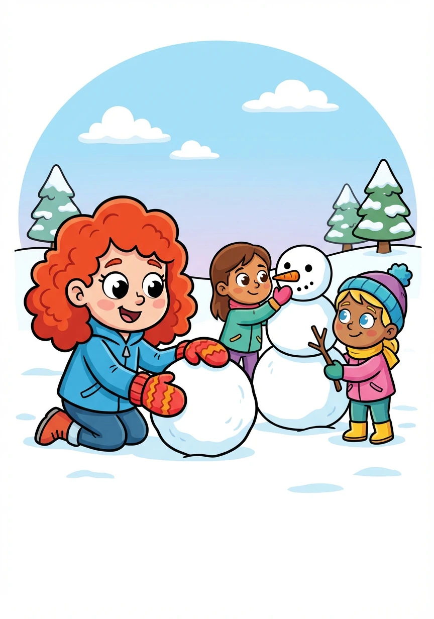 Nicole, con i suoi capelli rossi vivaci, indossa un paio di guanti caldi. Insieme ai suoi amici, è pronta a costruire un pupazzo di neve.