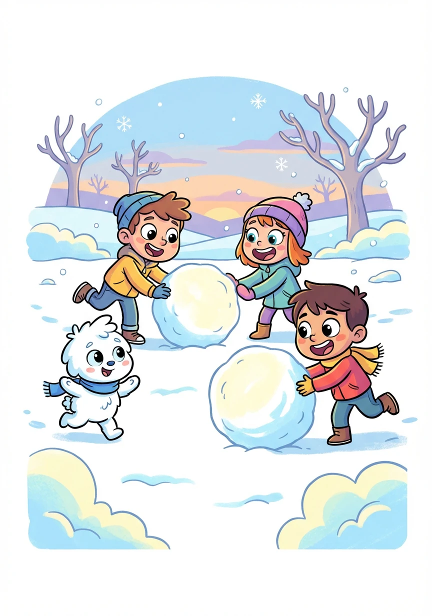 Nel parco innevato, i quattro amici si incontrano. Iniziano a rotolare grandi palle di neve, ridendo e scherzando.