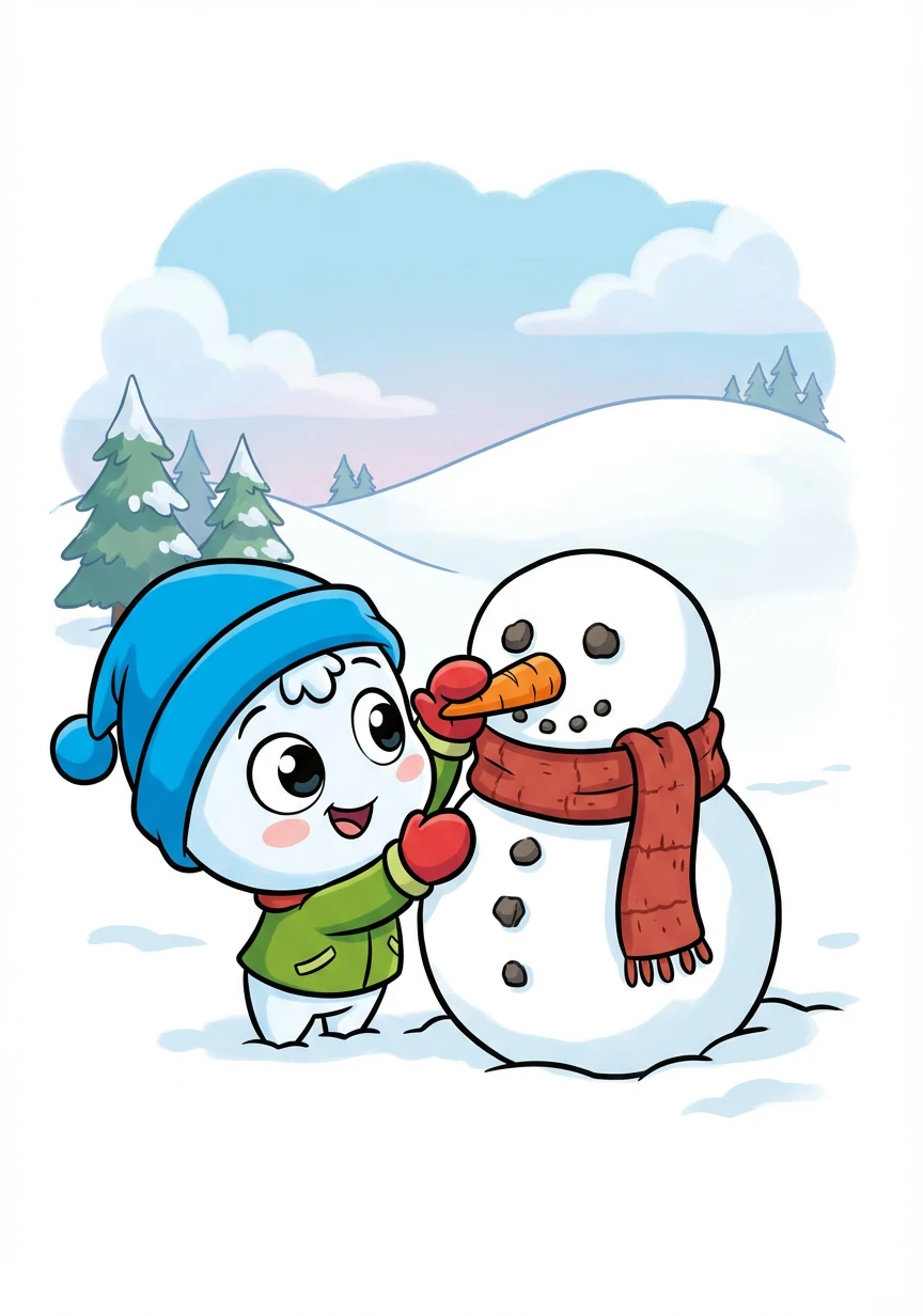 Con cura e impegno, assemblano il pupazzo di neve. Gli danno un naso di carota, occhi di sassolini e una vecchia sciarpa.