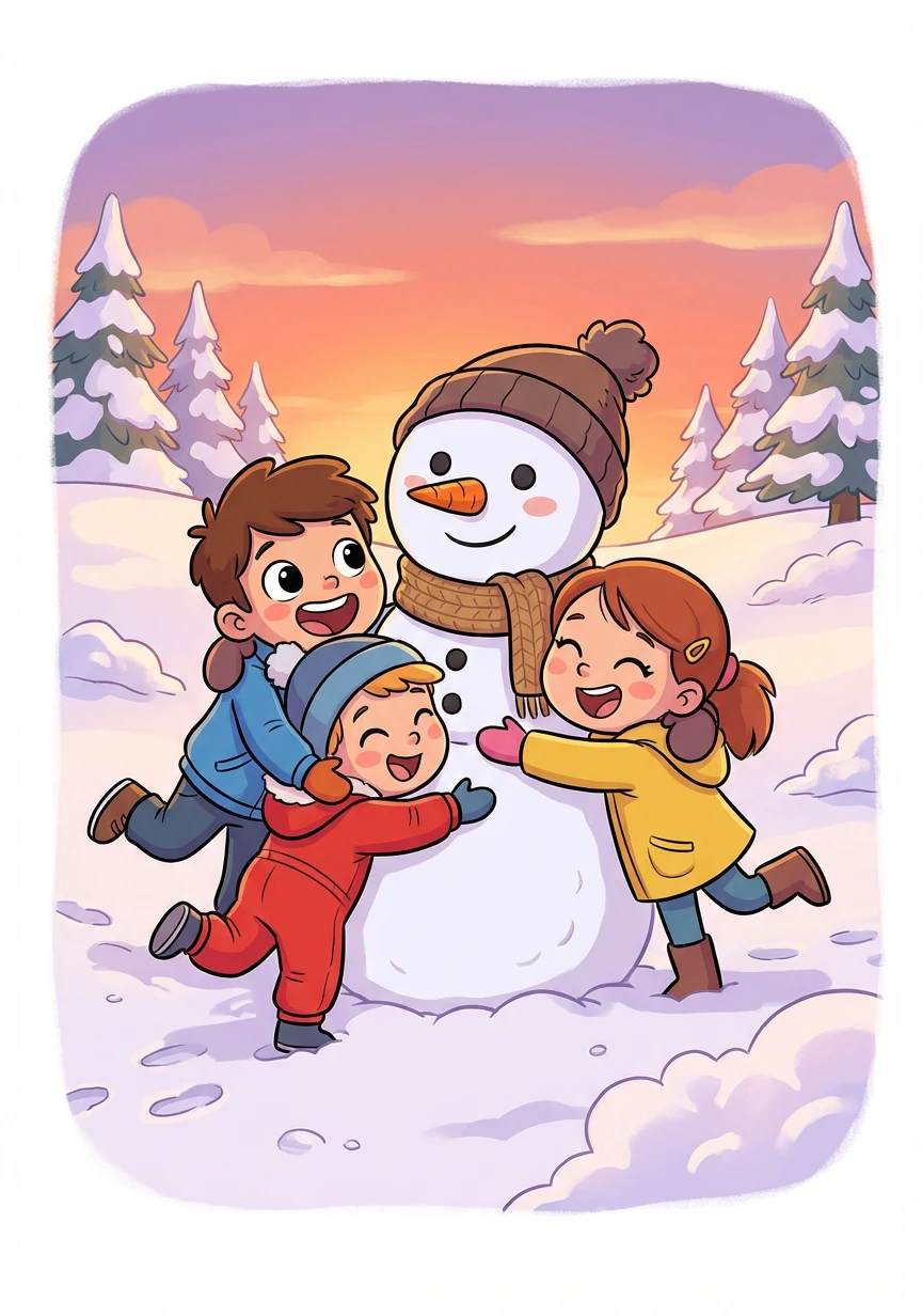 Mentre il sole tramonta, i bambini abbracciano Fiocco di Neve. Promettono di tornare a trovarlo ogni giorno, finché la neve non si scioglierà.