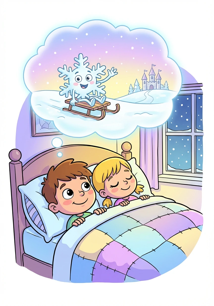 Tornati a casa, i bambini sognano nuove avventure con Fiocco di Neve. L'inverno è diventato un periodo di amicizia e magia.