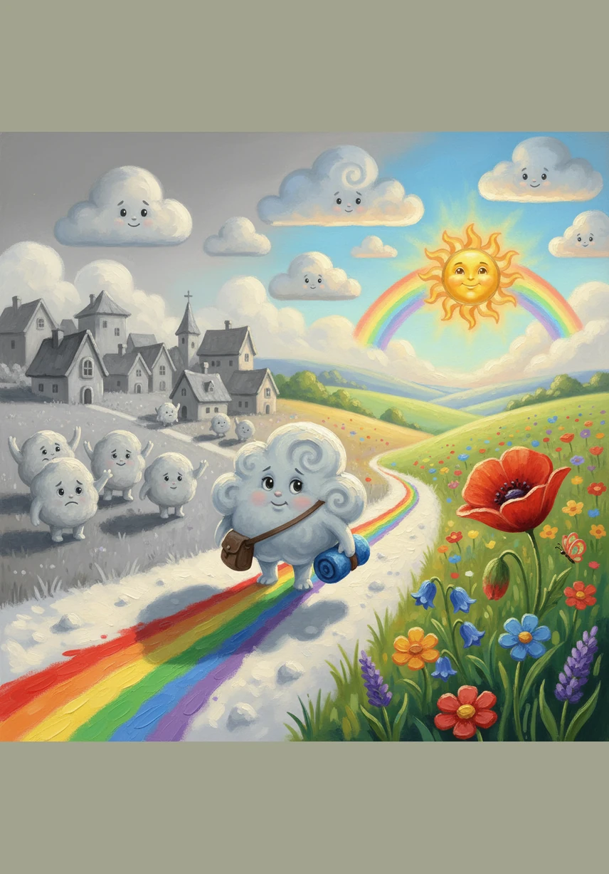 Pip was a little white cloud who lived in a world where everything was gray and quiet. He often looked at the empty sky and wondered if there was more to see than just shadows. One morning, he decided to float away from home to find something bright.