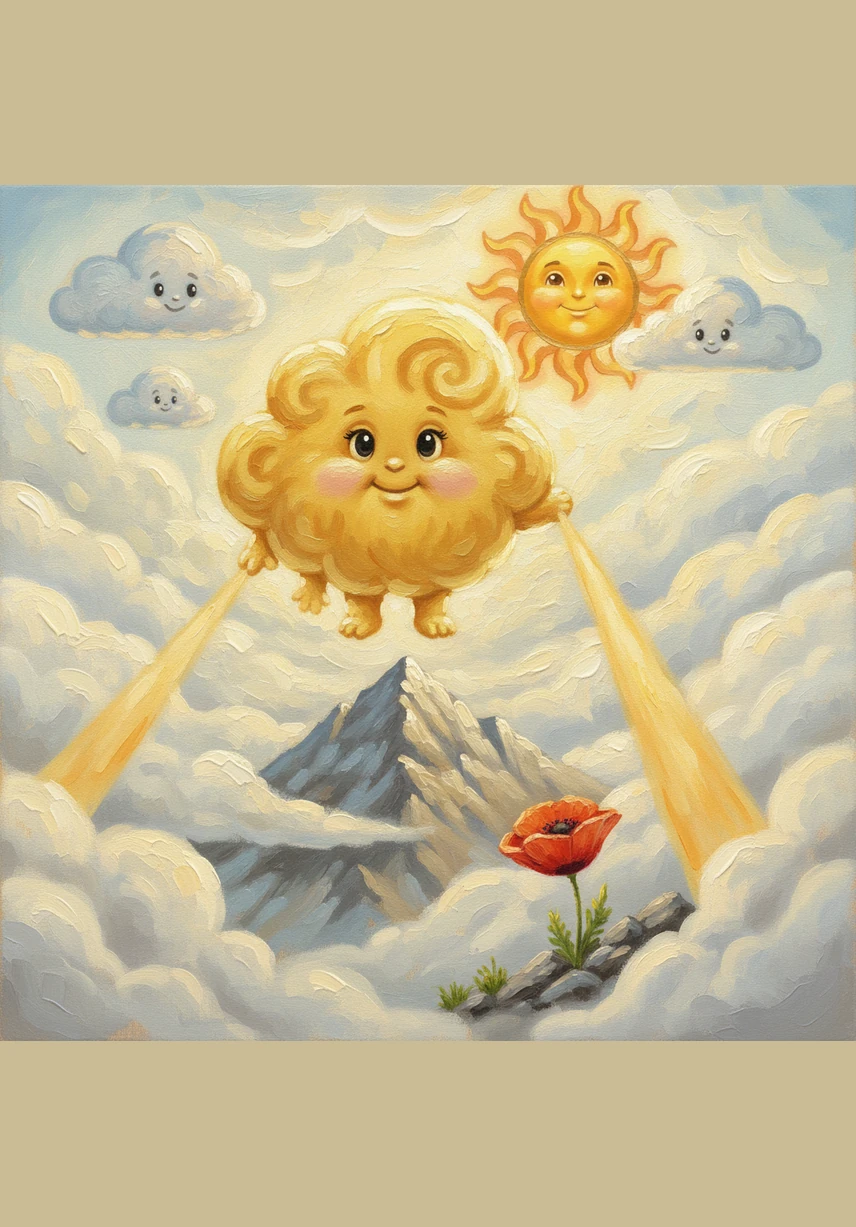 As Pip floated over a high mountain, he saw a glowing yellow circle peeking through the mist. It was the Sun, warm and cheerful, painting the edges of the clouds with gold. Pip felt a tingle of joy as he touched a ray of light and turned a beautiful, sunny yellow.