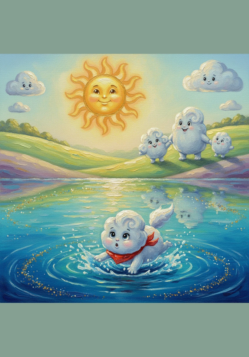 Below the mountain, a vast and sparkling blue lake stretched out like a giant mirror. Pip dived down to say hello, splashing into the cool water that felt like a soft lullaby. When he flew back up, he had captured the deep, calm blue of the waves on his fluffy coat.