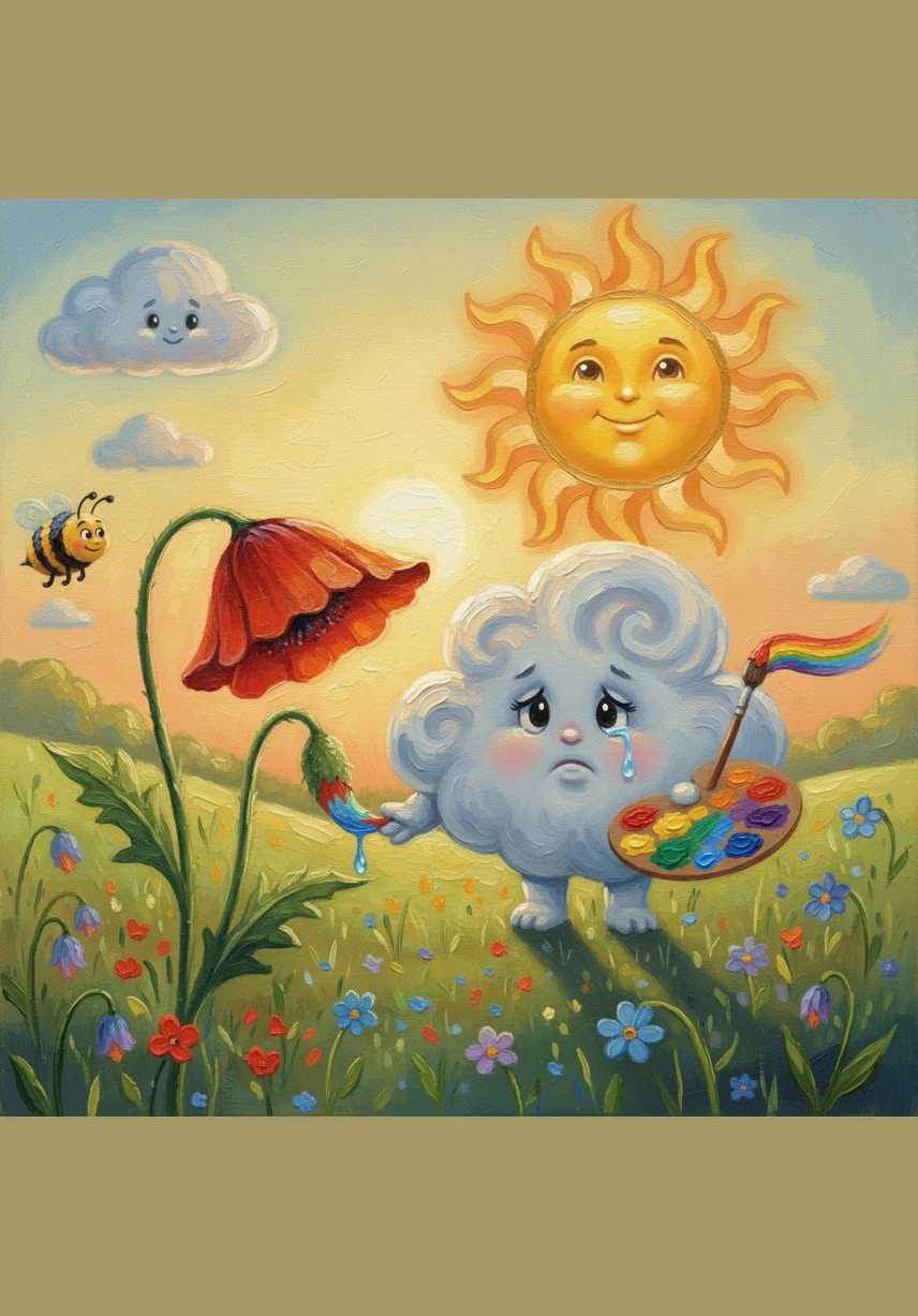 In a quiet meadow, Pip discovered a single red poppy swaying gently in the breeze. The flower was so bold and brave that Pip couldn't help but land right in its center. He emerged with vibrant red spots, feeling more energetic and excited than ever before.