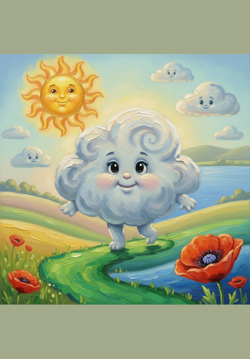 Pip noticed that when he stood near the yellow sun and the blue lake at the same time, the grass beneath him turned a lush green. He realized that colors could play together to create something entirely new and wonderful. He danced across the hills, leaving a trail of emerald green behind him.