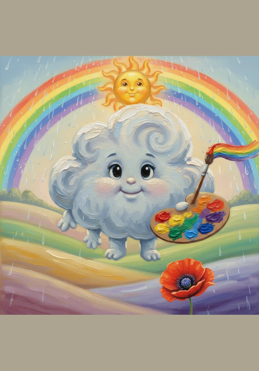 Suddenly, a gentle rain began to fall, and the sun shone through the droplets at the same time. A magnificent rainbow arched across the sky, showing every color Pip had found and many more. It was a bridge of light that connected the earth to the heavens in a perfect circle.