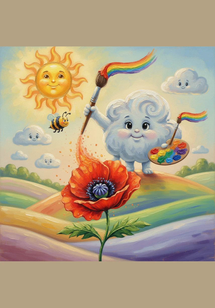 Pip looked down and saw that his world was no longer gray or lonely. The trees were green, the flowers were red and yellow, and the sky was a brilliant, endless blue. His journey had turned the whole world into a giant, living painting for everyone to enjoy.