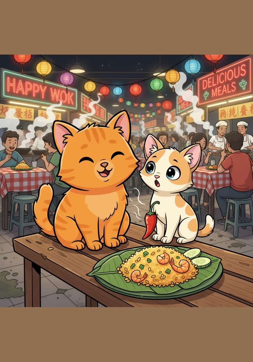 At a nearby hawker center, Piper watches from a safe distance as people enjoy steaming bowls of laksa and grilled satay. The air is filled with the delicious aromas of spices and coconut milk, making her little nose twitch with curiosity.