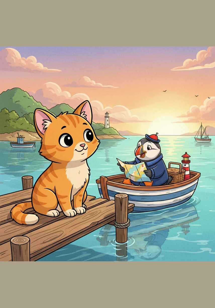 Near the waterfront, Piper encounters the majestic Merlion statue spraying water into the bay. She tilts her head, fascinated by the giant stone creature that is half-lion and half-fish, just like the legends she heard.