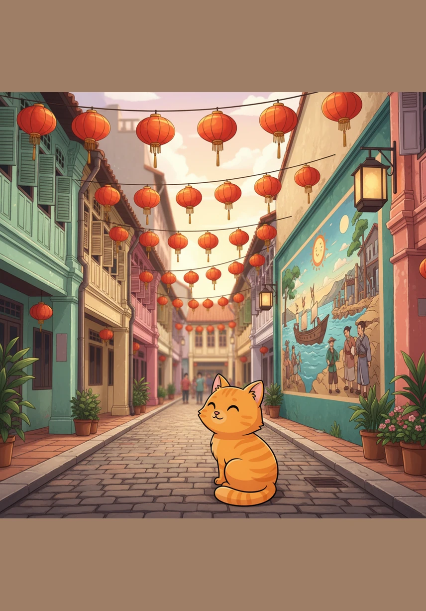 Exploring the streets of Chinatown, Piper walks past rows of vibrant red lanterns and historic shophouses painted in pastel colors. She pauses to admire a large, colorful mural on a wall that tells the story of the city’s early days.