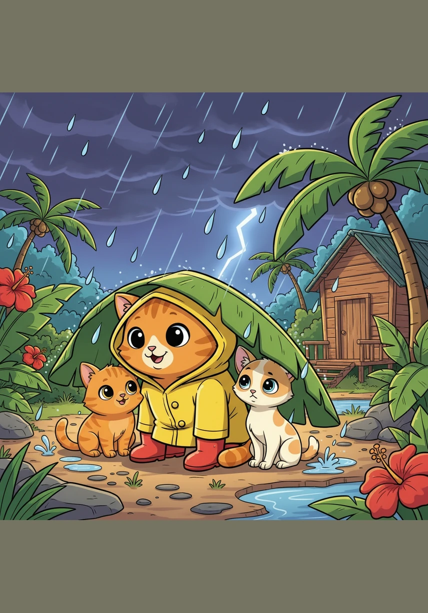 Suddenly, a tropical thunderstorm rolls in, and heavy raindrops begin to splash against the pavement. Piper quickly ducks under the roof of a bus stop, watching the silver sheets of rain transform the street into a shimmering river.