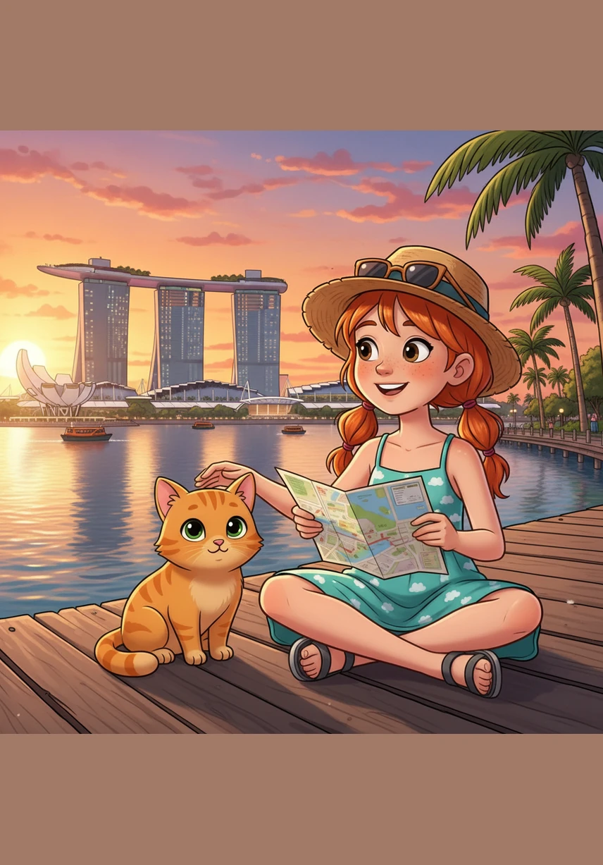 As evening falls, Piper makes her way to the Marina Bay Sands, where the city lights begin to sparkle like diamonds. She sits on the wooden boardwalk, watching the spectacular light and water show dance across the dark surface of the bay.