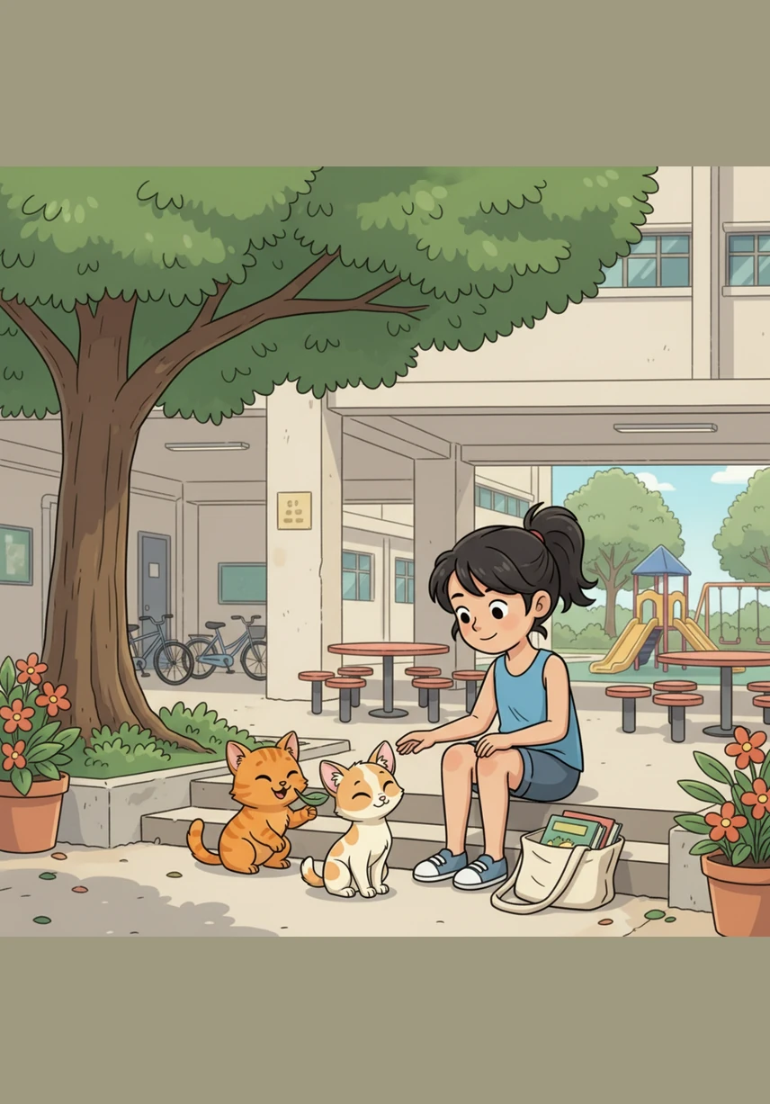 Back in her neighborhood, Piper meets a friendly ginger community cat resting near a void deck pillar. They share a quiet moment of feline companionship, acknowledging each other with a slow blink before Piper heads home.