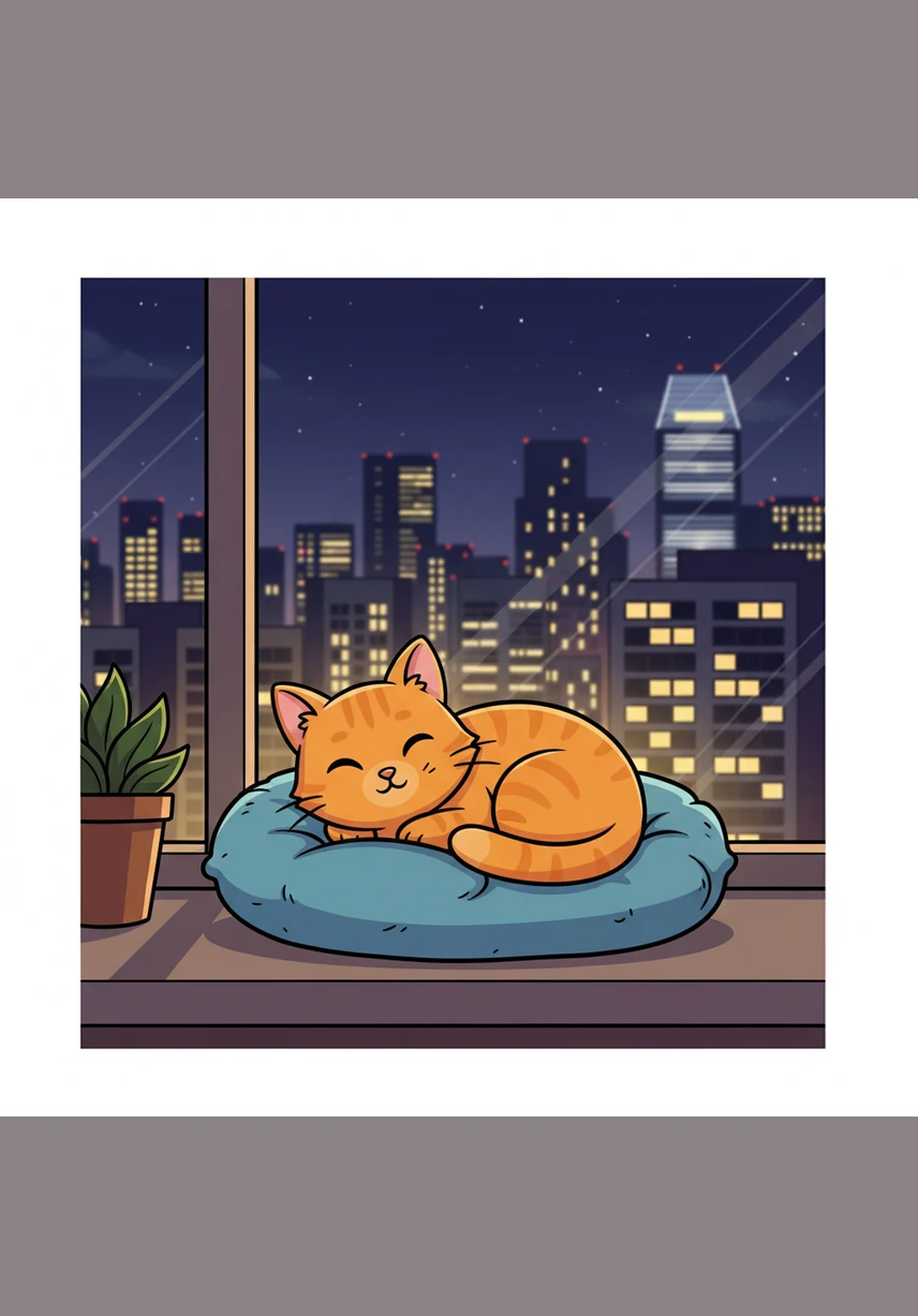 Tucked safely back inside her cozy apartment, Piper curls up on a soft cushion near the window. As the city lights of Singapore twinkle outside, the happy little bobtail purrs herself to sleep, dreaming of her next big adventure.