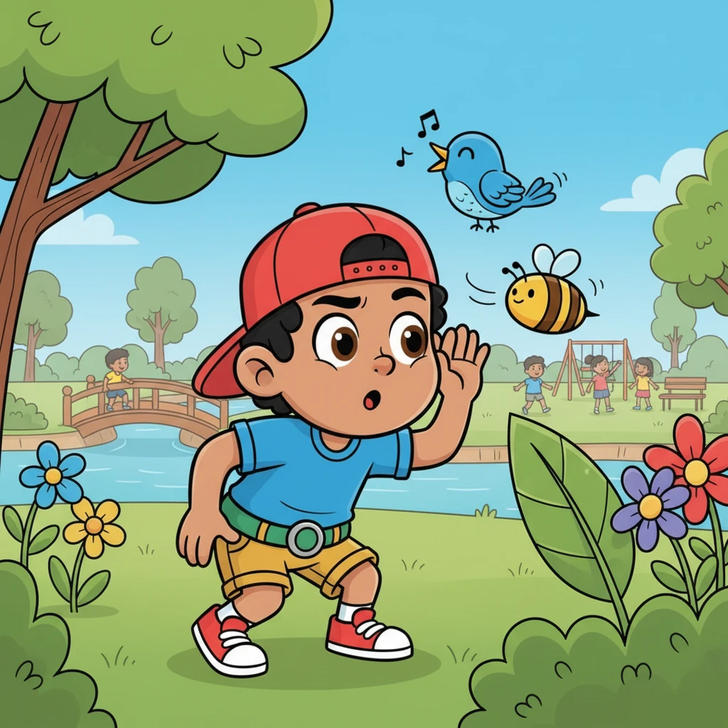 In a bustling, colorful park, lived Leo, a boy with an ear always tuned to the world. He loved to listen to the whispers of leaves, the chirping of birds, and the soft hum of busy bees. His bright red hat bobbed as he explored, always eager to hear a new sound.