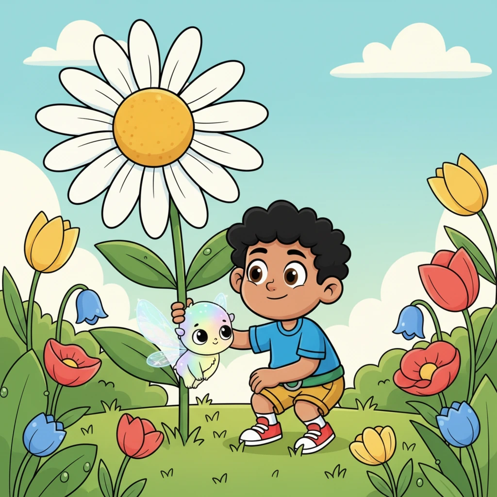 One sunny afternoon, Leo spotted a peculiar, shimmering creature peeking from behind a giant daisy. It was small and shy, with delicate, almost translucent wings that seemed to glow faintly. He'd never seen anything quite like it, and it seemed to vanish whenever anyone got too close.