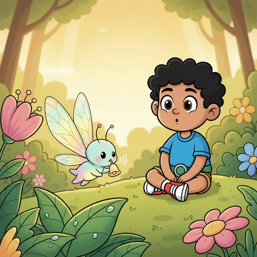 Leo decided to learn more. He found a comfy spot a little distance away and sat very, very still, watching the creature he mentally named 'Glimmerwing.' He noticed its tiny antennae twitched with curiosity, and it made soft, bell-like chimes as it nibbled on dewdrops.