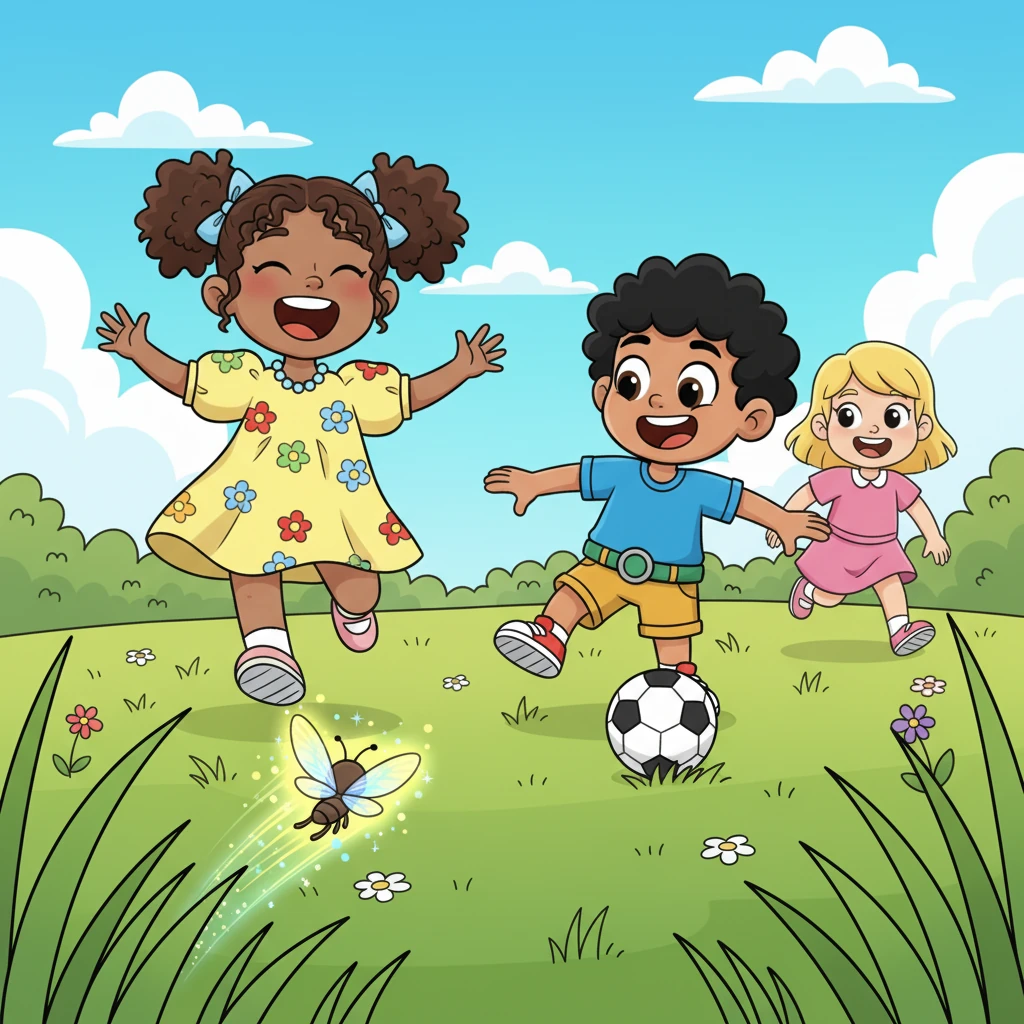 Suddenly, a group of children rushed by, laughing loudly and kicking a ball. The Glimmerwing, startled by the noise, flitted away in a blur of light, disappearing into a patch of tall grass. The other children didn't even notice the magical creature they'd scared.