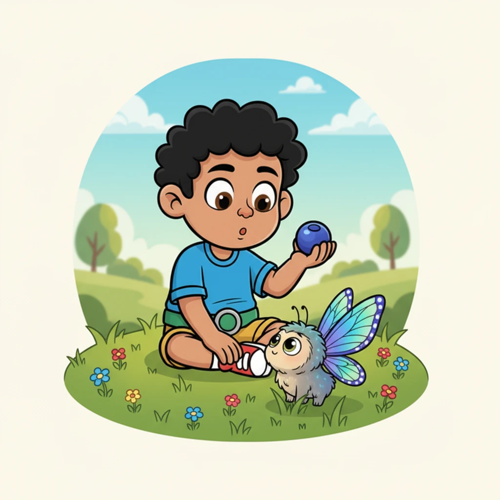 Leo knew he had to be gentler. He sat down again, slowly and quietly, and softly hummed a tune he'd heard from a robin. He extended a tiny, bright blue berry he had found. Slowly, the Glimmerwing's head popped up from the grass, its eyes wide with wonder.