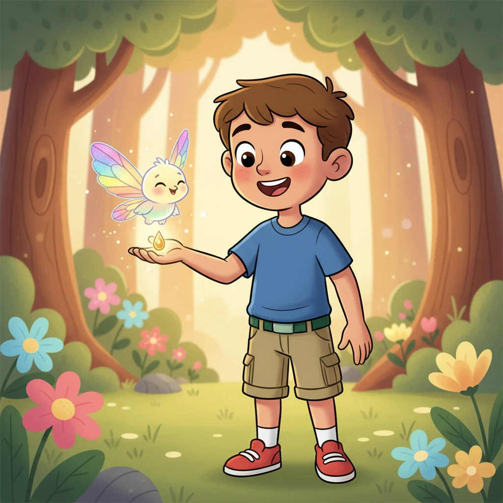 Encouraged by Leo's calm presence, the Glimmerwing hesitantly emerged. It fluttered closer, landing on Leo's outstretched hand, and gave a soft, musical hum. It left a tiny, glowing seed in his palm, a magical thank you.