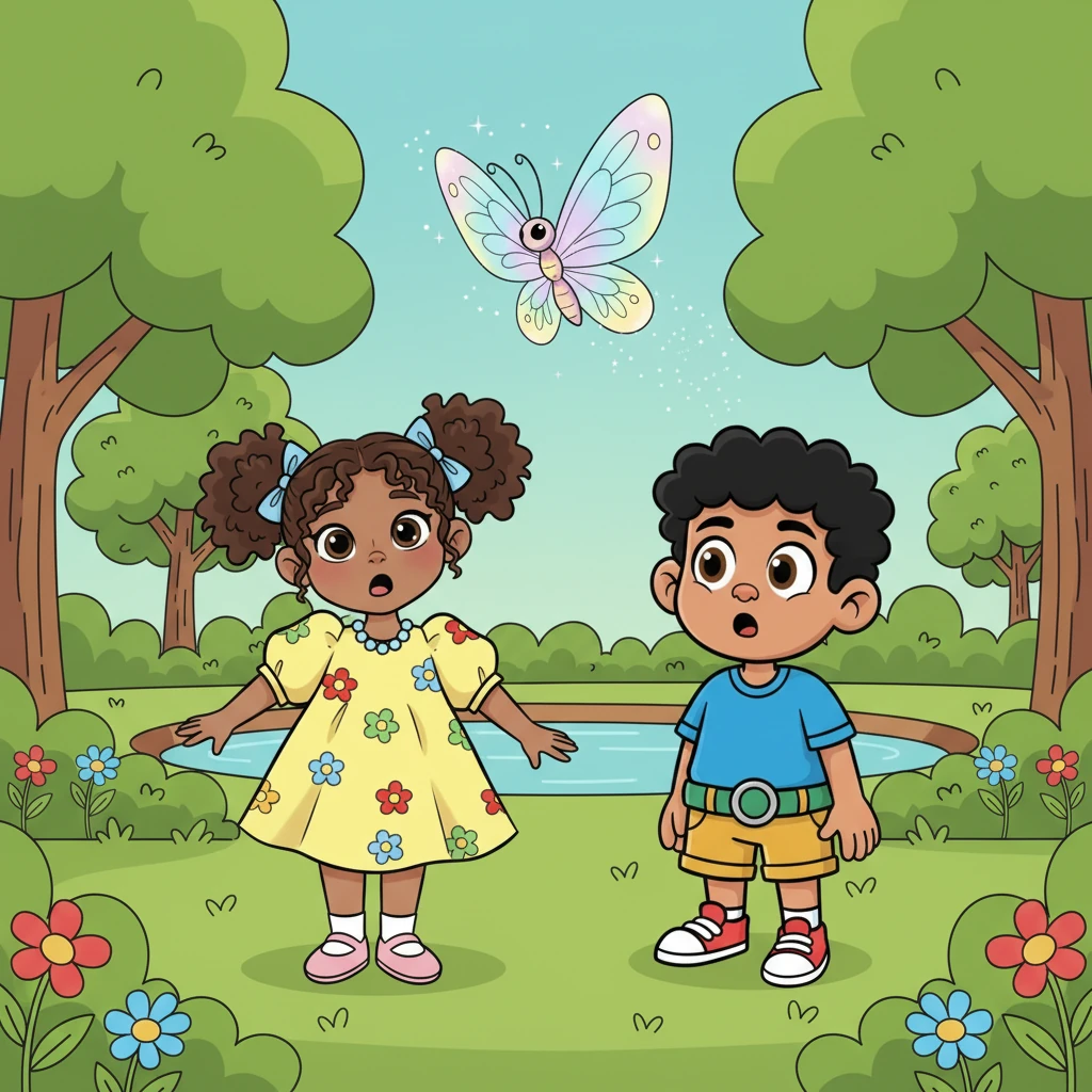 After a few quiet moments, the Glimmerwing reappeared, drawn by the new tranquility. Lily and Tom gasped softly, their eyes wide with disbelief and then pure awe. They had never imagined such a beautiful, gentle creature existed right in their park.