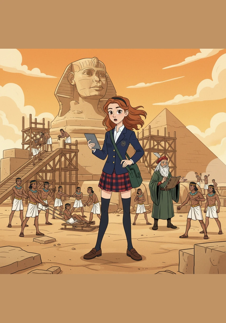 As Maya’s fingers brush the cool metal, the world dissolves into a whirlwind of light and sound. She opens her eyes to find herself standing in the sweltering heat of Ancient Egypt, where the half-finished Great Sphinx towers over a bustling construction site.