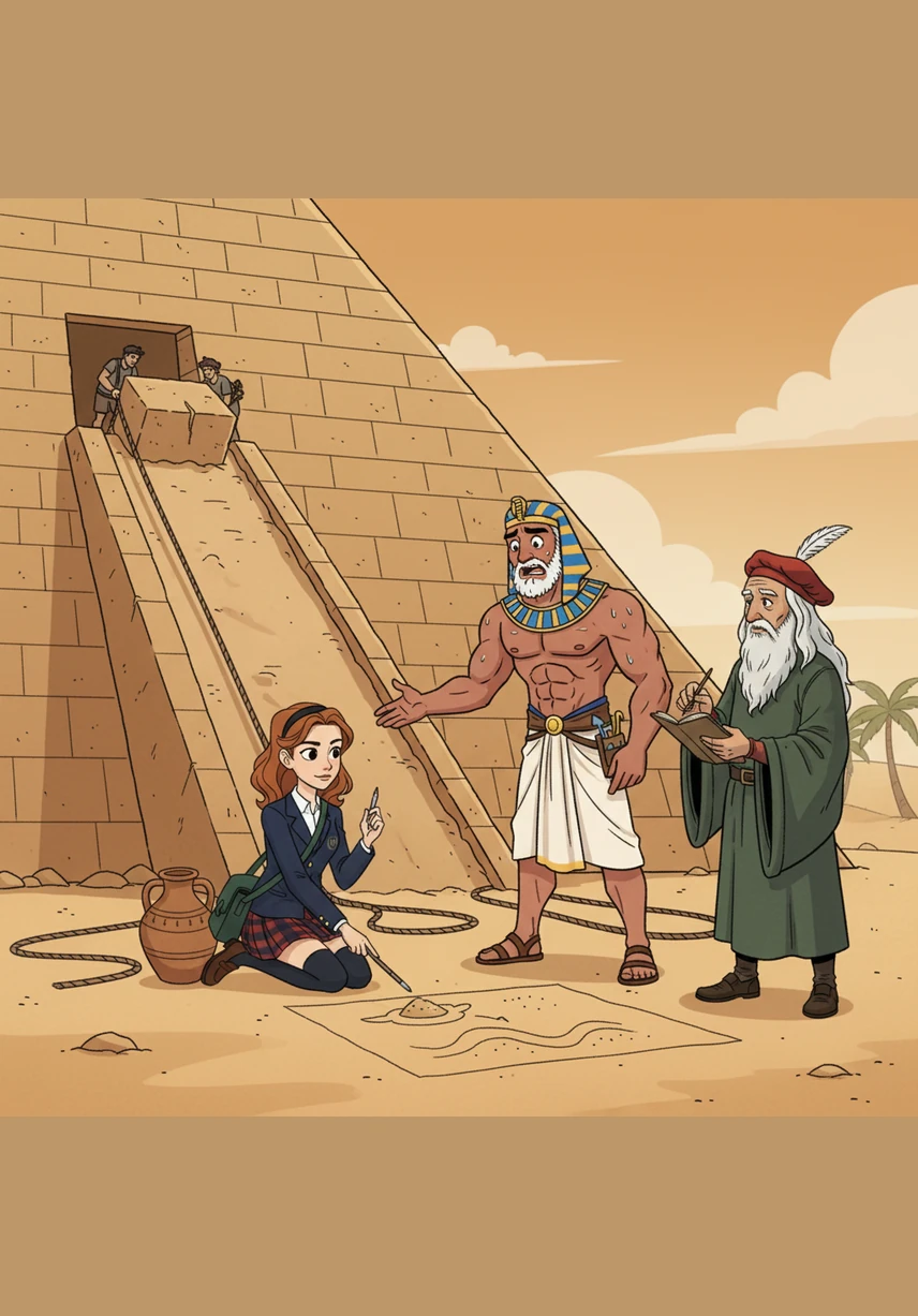 The master builder is distressed because a massive limestone block won't slide into place on the steep ramp. Maya steps forward, sketching a diagram in the sand to demonstrate how adding water to the silt can reduce friction and allow the sled to glide effortlessly.