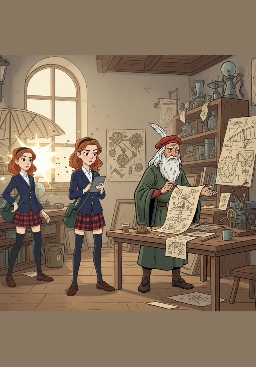 With a sudden hum, the ChronoKey whisks Maya away to a sun-drenched studio in 15th-century Florence. She finds Leonardo da Vinci surrounded by sketches of wings and gears, frustrated by a design that refuses to take flight.