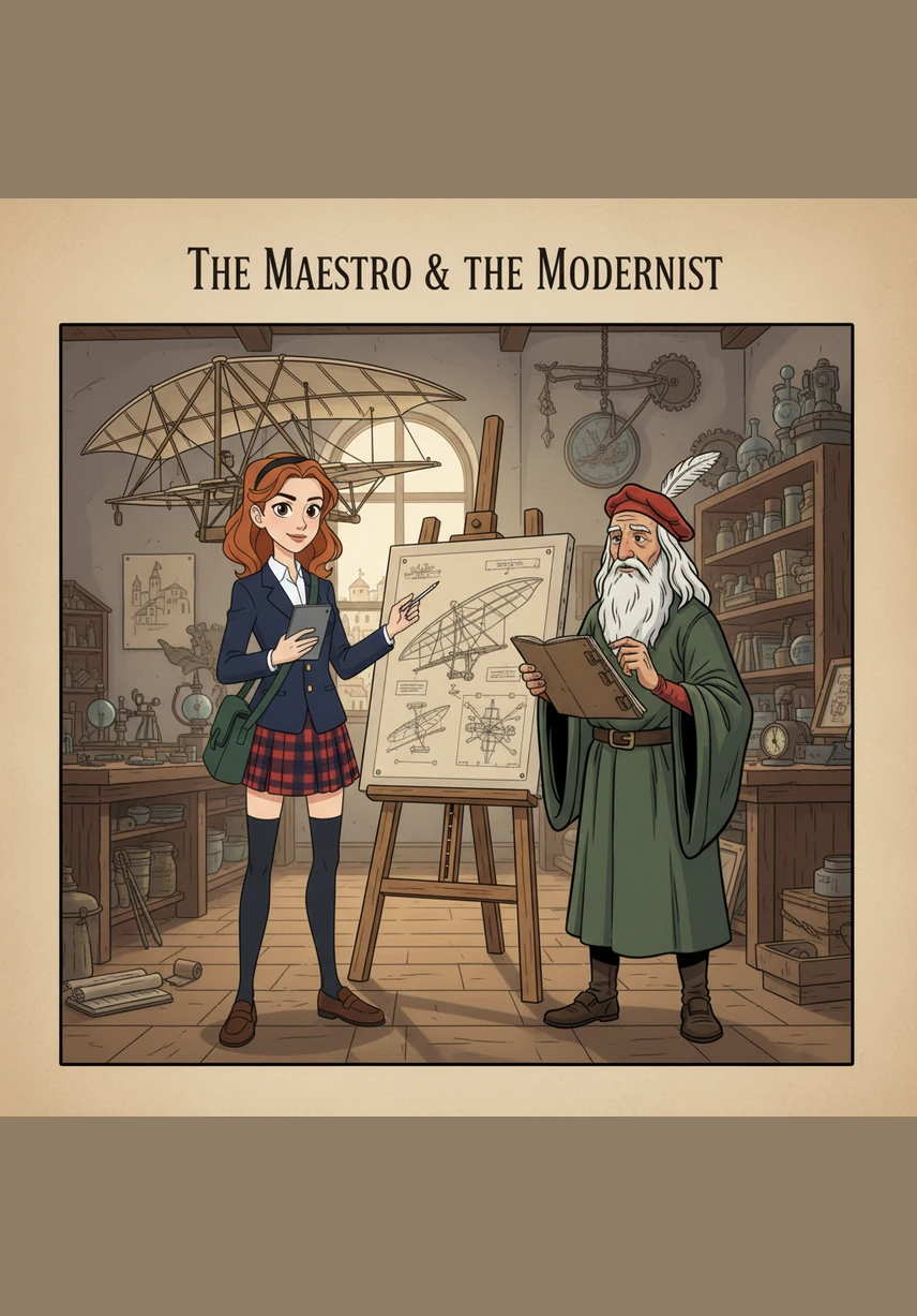 Maya observes the wooden glider and realizes the center of gravity is off-balance. Using a plumb line and basic physics, she helps the maestro redistribute the weight, earning a nod of respect from the greatest mind of the Renaissance.
