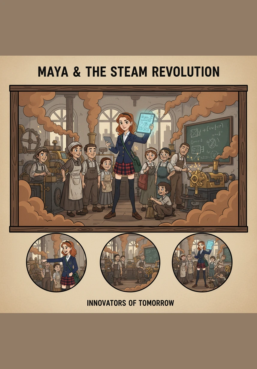 The next jump plunges Maya into the smoggy, cobblestone streets of Victorian London, where the air is thick with the smell of coal and the clatter of iron wheels. She stands before a massive, malfunctioning steam-powered loom that has halted the entire factory.